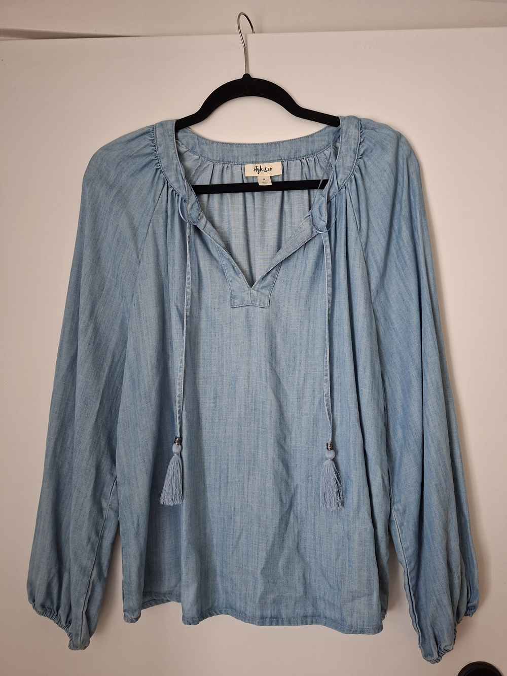Style & Co. Chambray Tassel Tie Peasant Top in Light Blue
